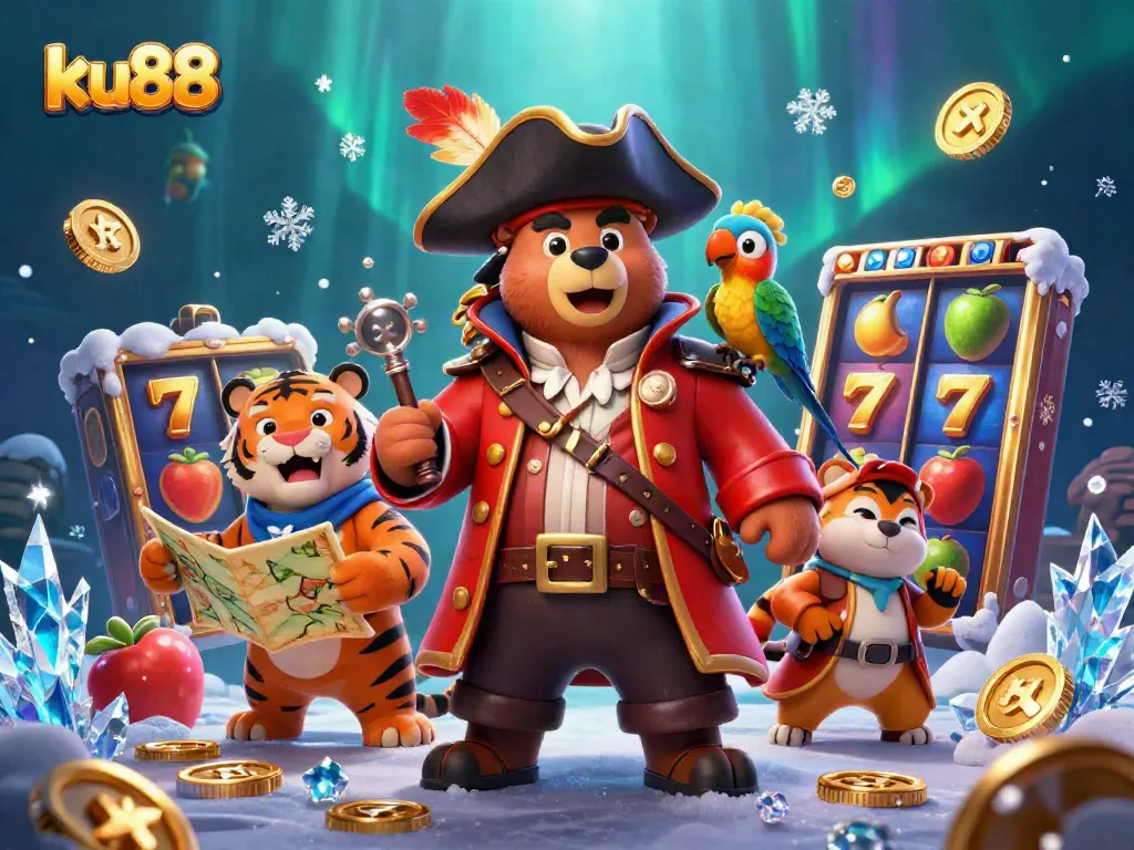 ku88 showcases a vibrant 3D cartoon pirate bear and tiger in an exciting slots scene filled with dynamic elements.