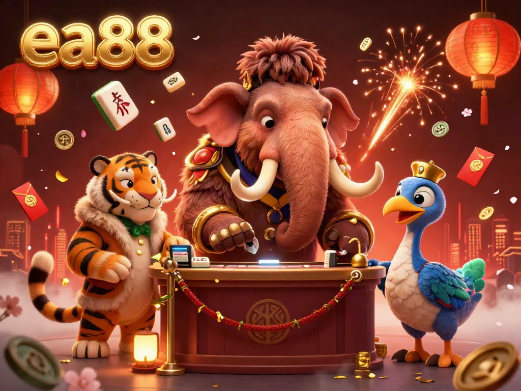 Experience the vibrant energy of ea88 with a colorful scene at a casino entrance featuring a woolly mammoth bouncer and VIP guests.