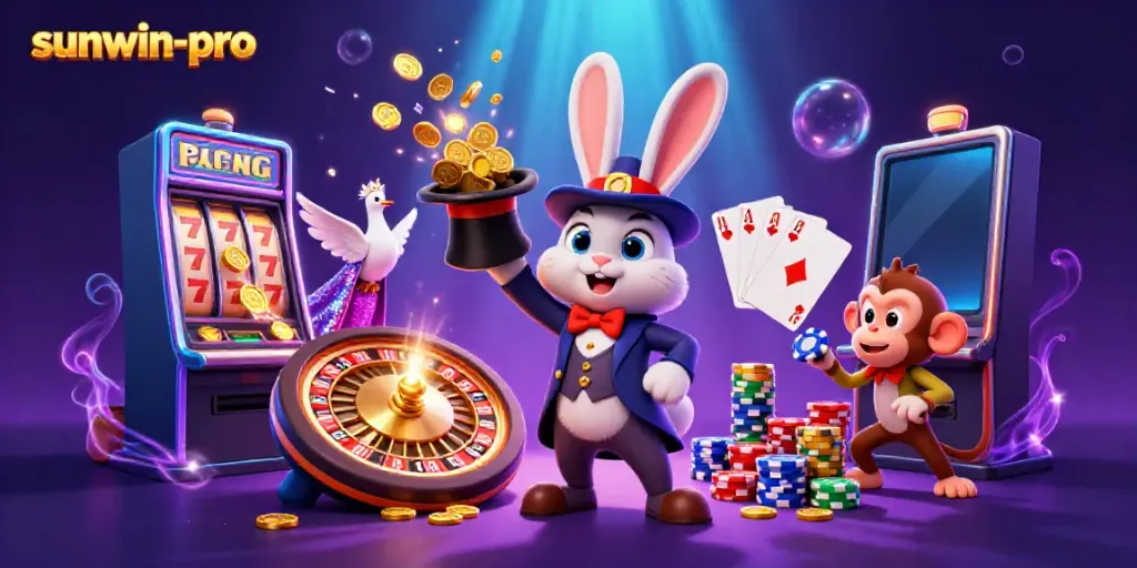 Engage with sunwin-pro’s 3D magician rabbit adventure, pulling coins in a dazzling casino scene.