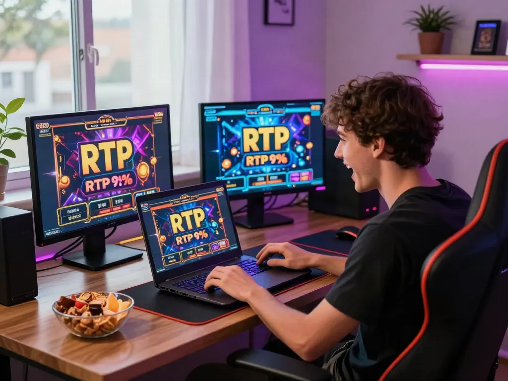 Excited gamer playing RTP slot on a laptop in a vibrant setting