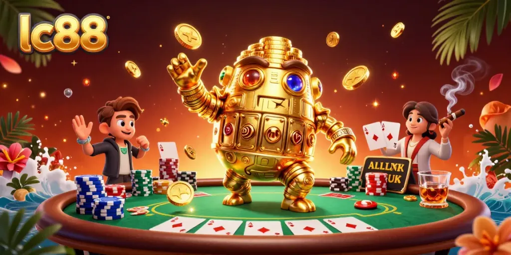 Experience engaging lc88 gaming with a golden golem amidst poker chips and a vibrant casino scene.