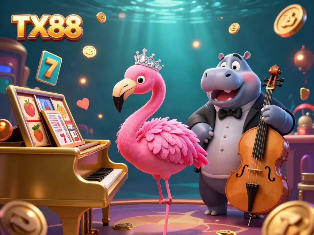 Experience TX88's vibrant casino atmosphere with a singer flamingo and bassist hippo amid dynamic gaming elements.