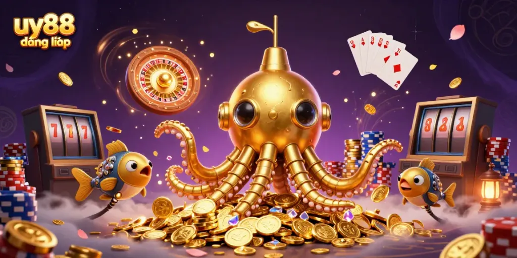 Engage with the vibrant world of uy88 đăng nhập, featuring a golden kraken submarine amidst cascading coins and iconic casino elements.