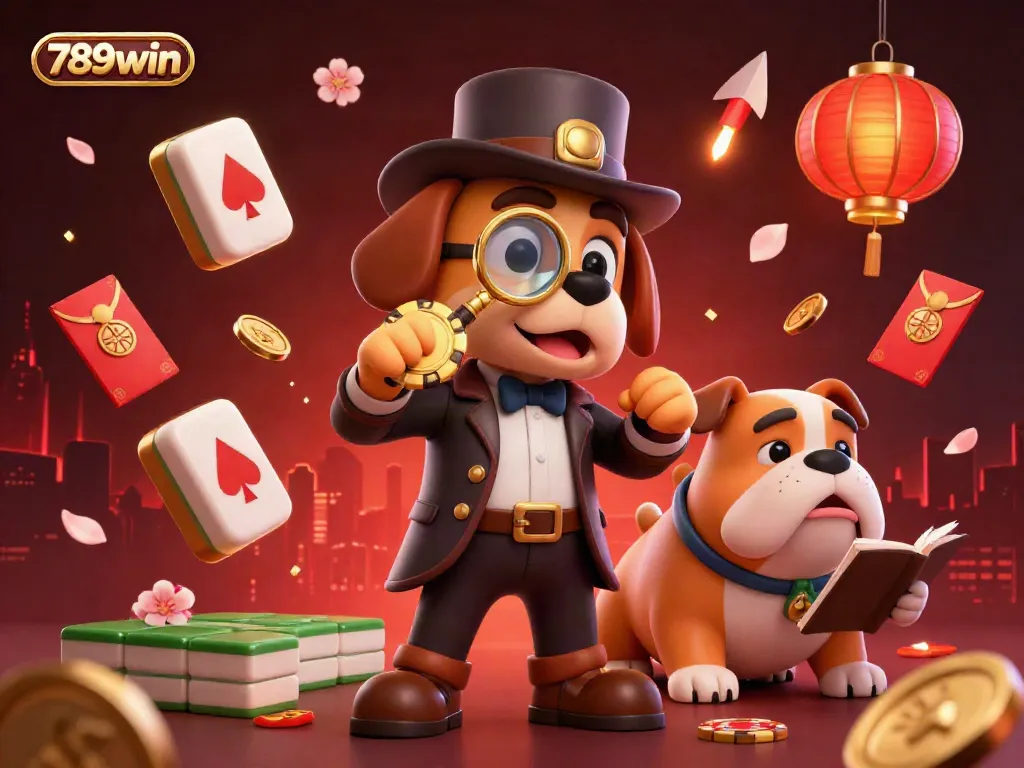 Uncover casino treasures with 789win's cartoon detective and friends amidst vibrant gaming elements.