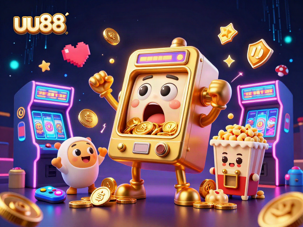 uu88 slot machine hitting a jackpot, coins pouring, and celebrating characters in an exciting casino scene