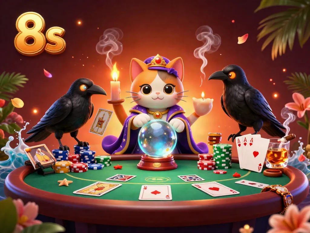 Engage with thrilling 8s gambling action showcased by a mystic cat and raven on a vibrant poker scene.