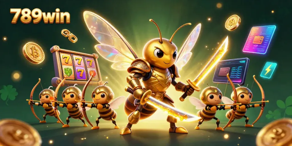 Engage with 789win: Experience a dynamic casino scene featuring a golden hornet samurai and vibrant game elements.