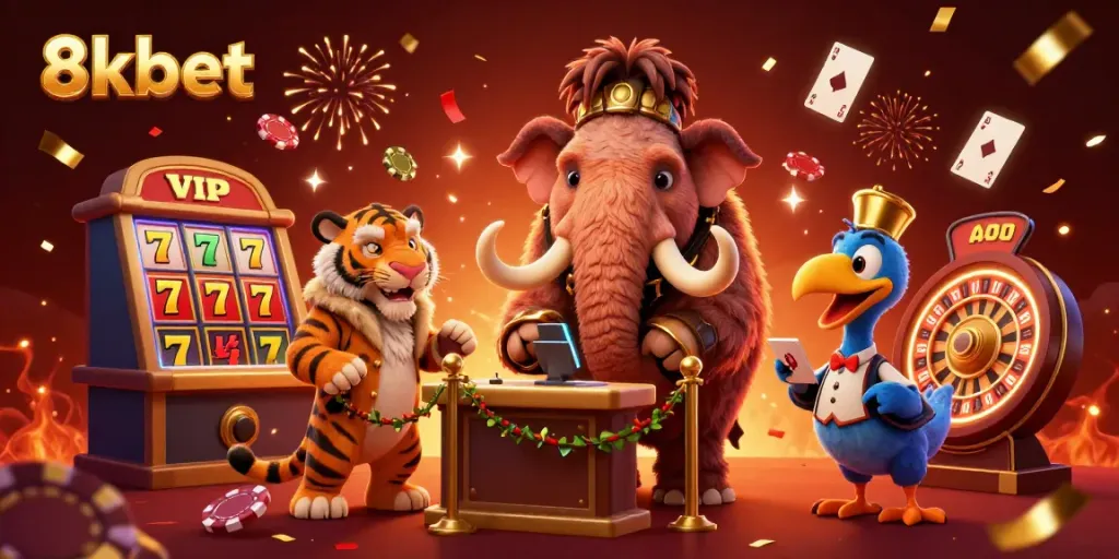 Experience the excitement of 8kbet with a vibrant casino scene featuring unique characters and vibrant game elements.