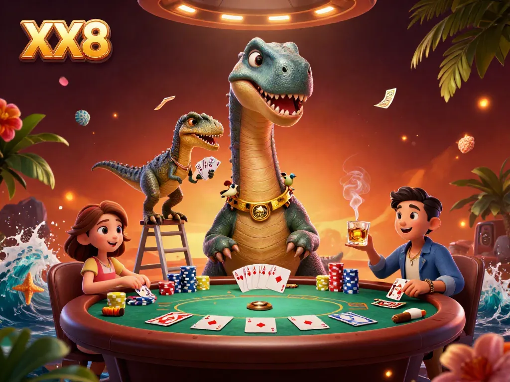 Engage in the XX8 casino experience as a brontosaurus watches a clever raptor deal cards at a poker table.