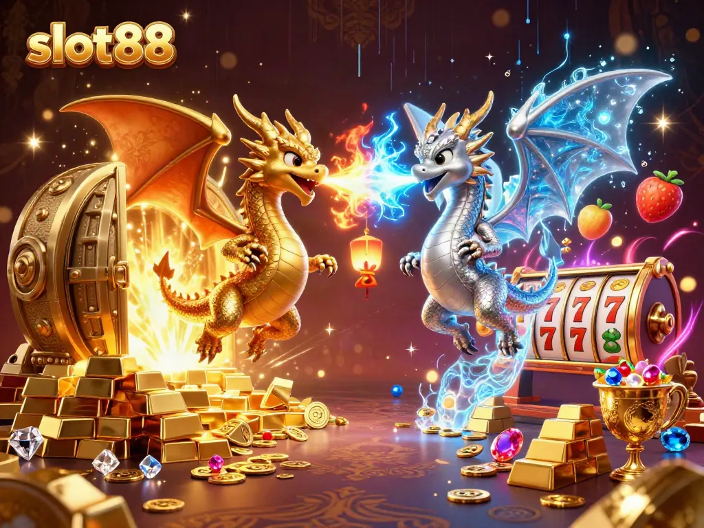 Slot88 untuk meraih jackpot, serangkaian simbol slot dan naga terbang mengelilingi kekayaan.