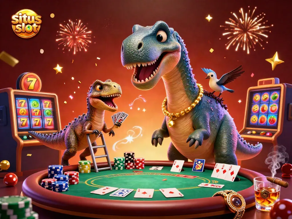 Engage in situs slot action with a vibrant 3D illustration of characters enjoying a lively casino scene.