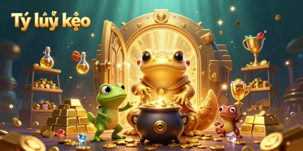 Experience Tỷ lệ kèo in a vibrant 3D casino scene with alchemists transforming metals into gold and treasures.