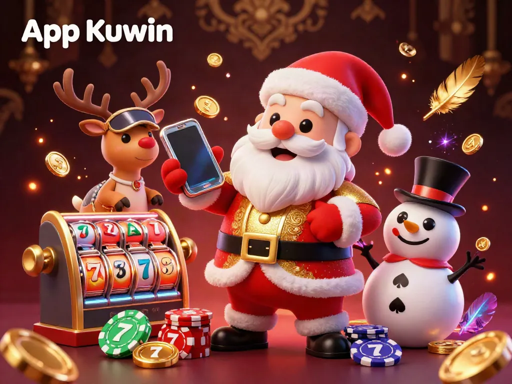 Win big with App Kuwin, featuring a cartoon Santa celebrating in a vibrant casino scene with golden coins and slot reels.
