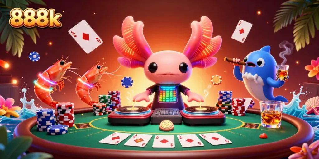 Experience the thrill of 888k as a neon axolotl DJ spins records amidst vibrant casino elements.