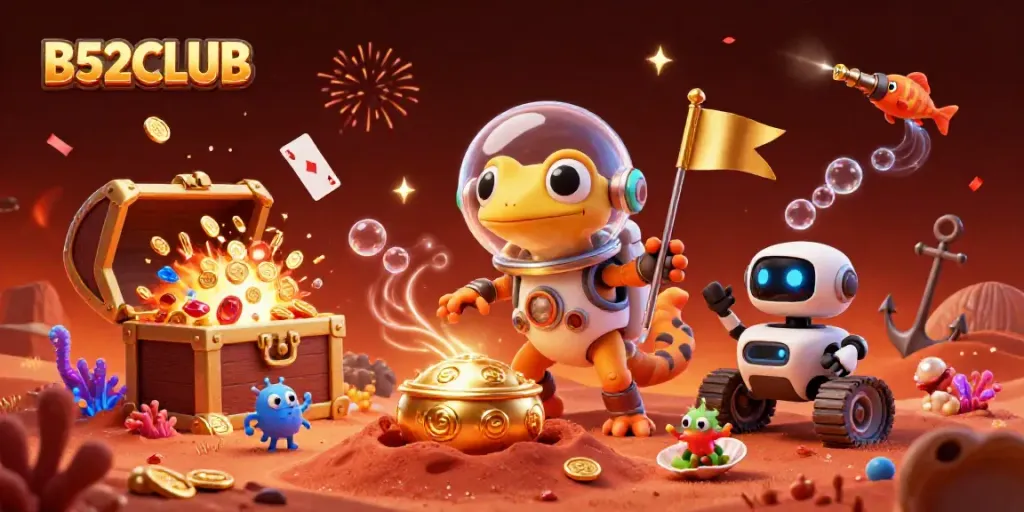Engage with B52CLUB's vibrant casino adventure featuring a Martian gecko and treasures.