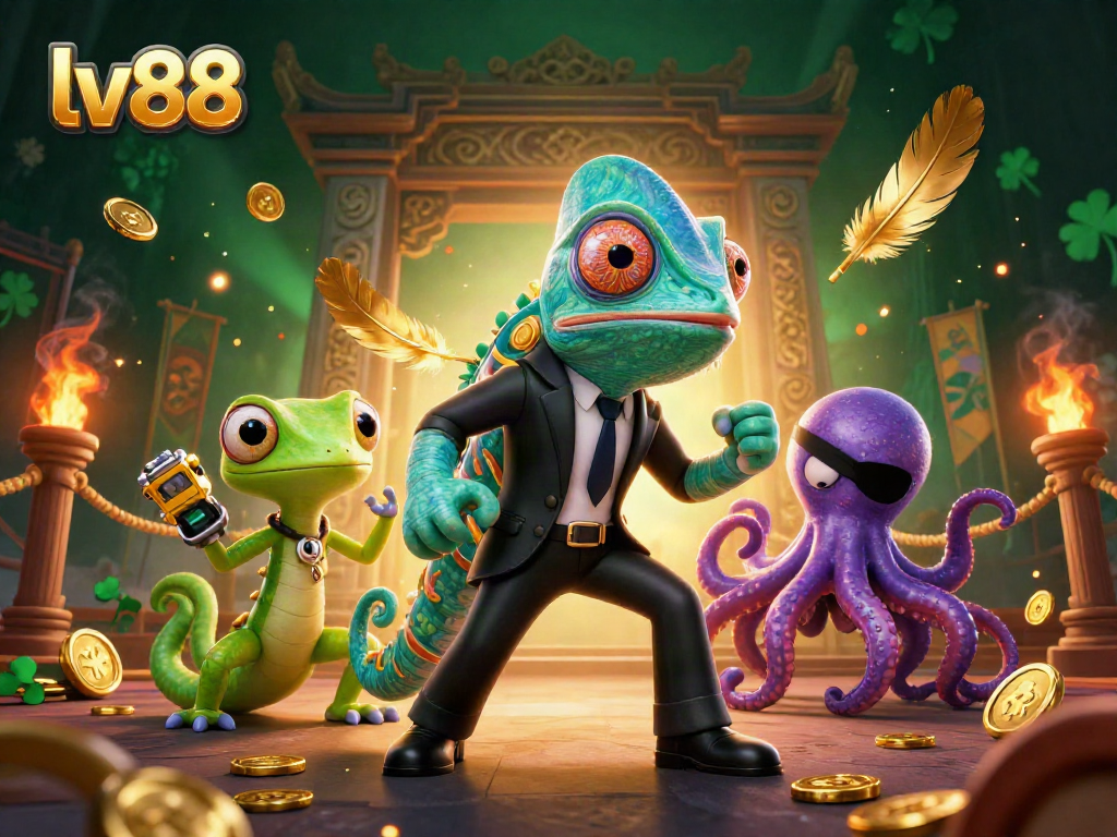 Engaging scene showcasing lv88's vibrant casino gaming elements with chameleon and friends.