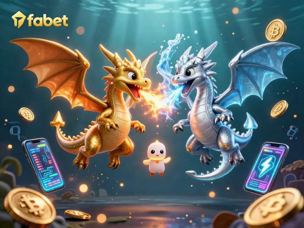 Experience the excitement of fabet with dragons amidst Bitcoin, Ethereum coins, and vibrant gaming elements.