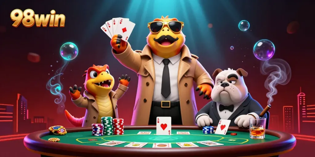 Experience the excitement with 98win as raptors in a trench coat attempt entry into a VIP casino