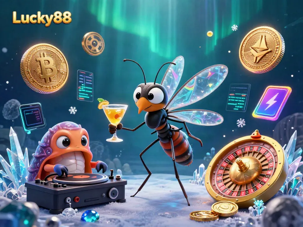 Experience Lucky88 with a dynamic casino scene featuring animated characters and crypto elements.