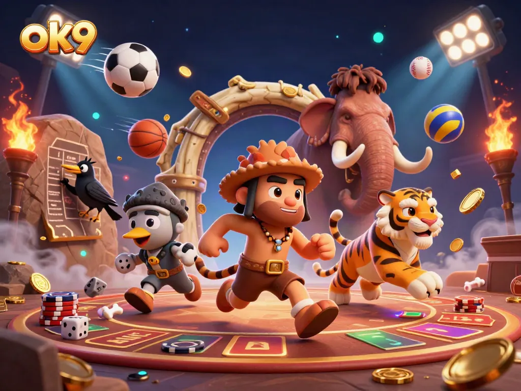 Enhance your gaming experience with ok9 in a vibrant cartoon casino scene featuring a cave duo and dynamic sports elements.