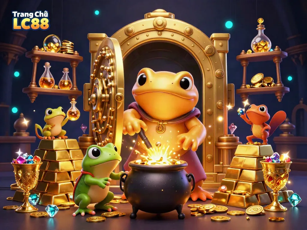 Experience vibrant magic at Trang Chủ LC88 with a golden salamander alchemist and treasures.