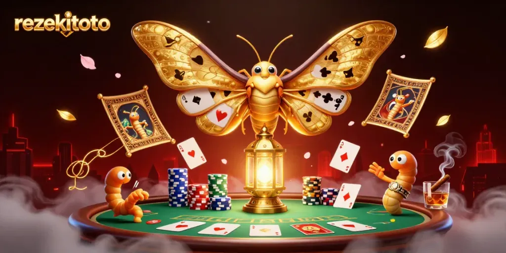 Experience the thrill of rezekitoto slots with vibrant casino elements and an enchanting moth.