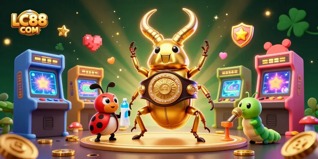 Engage with LC88 COM's electrifying gaming experience featuring unique 3D characters and vibrant casino elements.