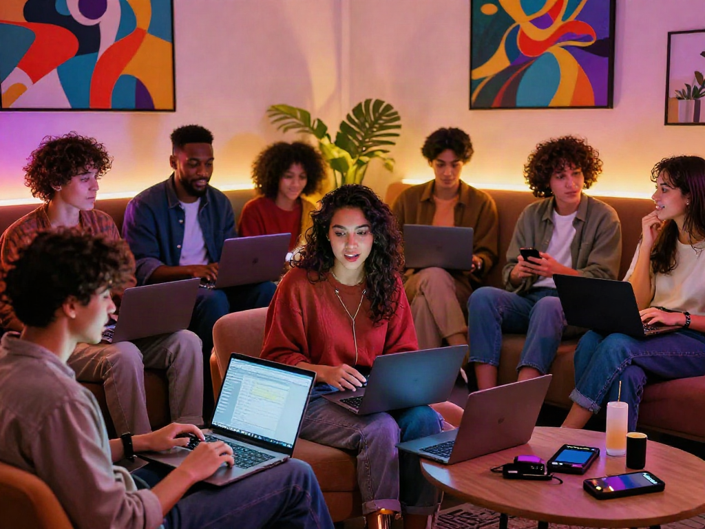 Engaging nsfw chat environment with diverse young adults in a vibrant digital interaction.