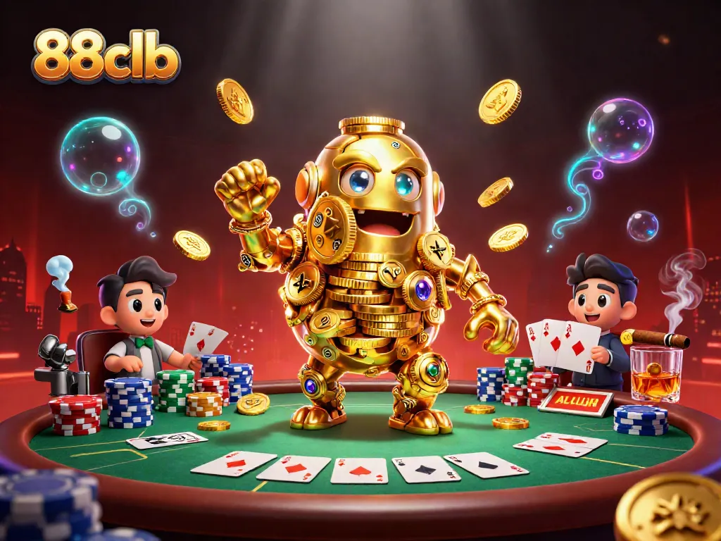 Play exciting casino games at 88clb featuring a golden golem amidst vibrant poker elements.