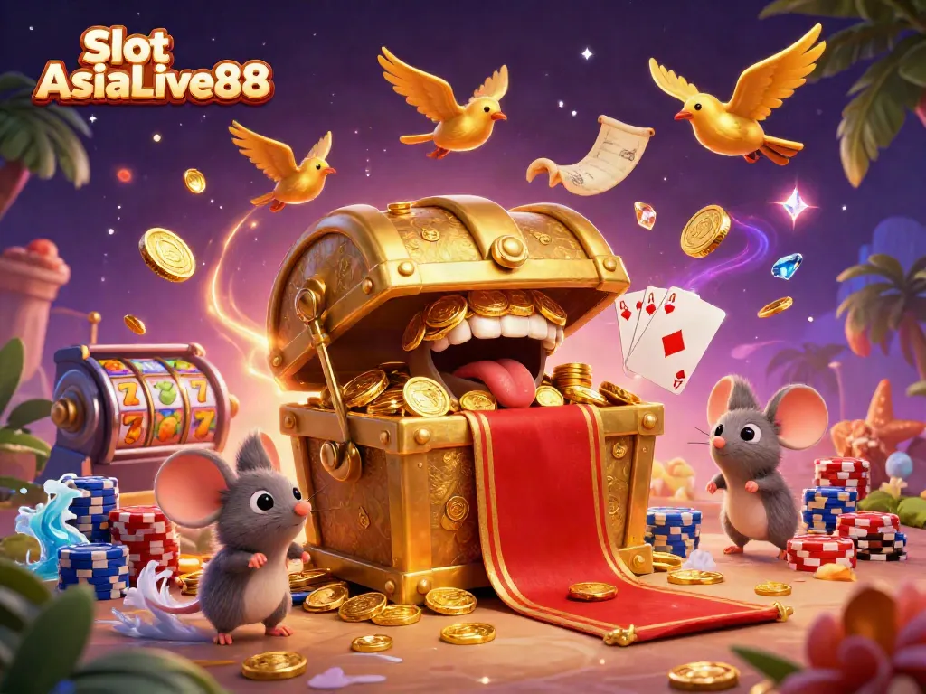 Experience the thrill of Slot AsiaLive88 with adventurous mice finding riches amidst cascading coins and vibrant games.