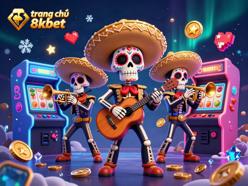 Experience excitement at trang chủ 8xbet with mariachi skeletons celebrating casino gaming amidst vibrant arcade machines.