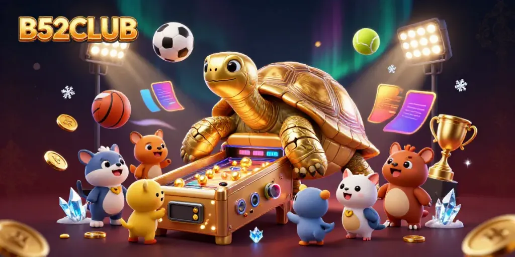 B52CLUB casino illustration featuring a golden tortoise pinball machine amidst vibrant sports betting elements.