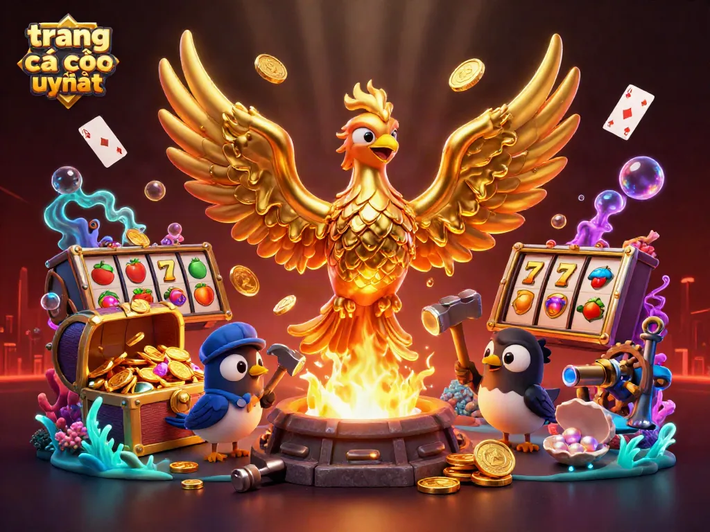 Engage with the leading trang cá cược uy tín featuring a dynamic golden phoenix alongside vibrant gaming elements.