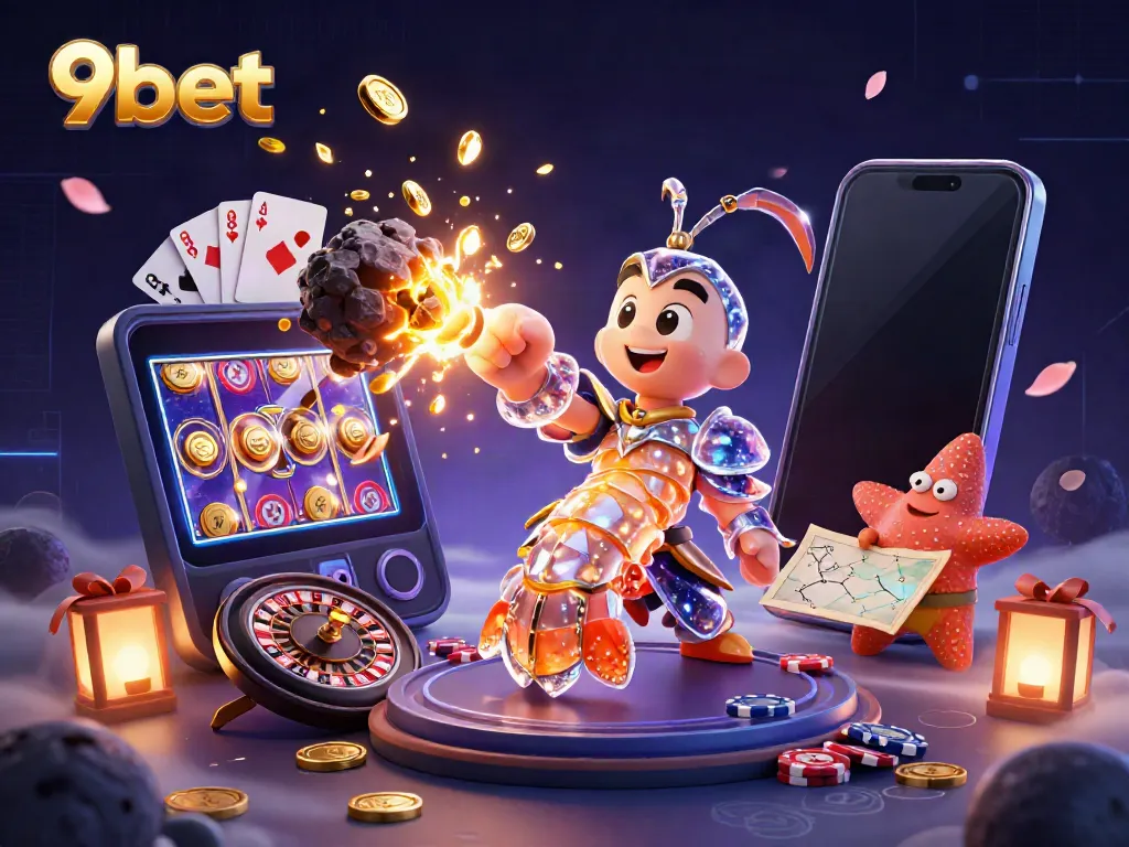 Experience the excitement of 9bet with a galactic samurai and vibrant casino elements in a stunning 3D scene.