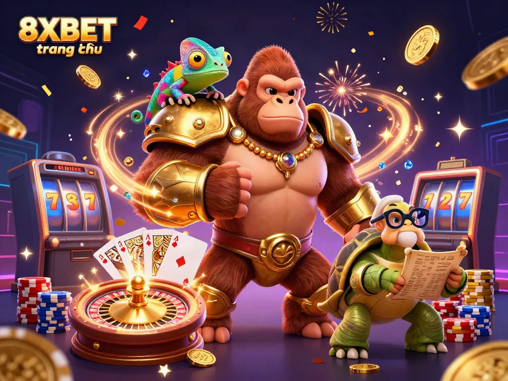 Experience the excitement of 8XBET trang chủ with a vibrant 3D casino scene featuring a powerful gorilla king and colorful gaming elements.