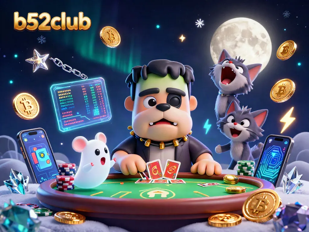 Engage with b52club at a spooky poker game involving a bulldog dealer, ghost mouse, and a gold-lit werewolf kitten.