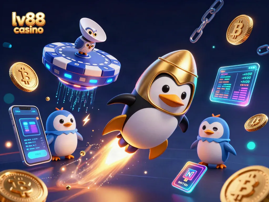 Engage with thrilling gameplay at lv88 casino with vibrant 3D artwork of a penguin and blockchain elements.