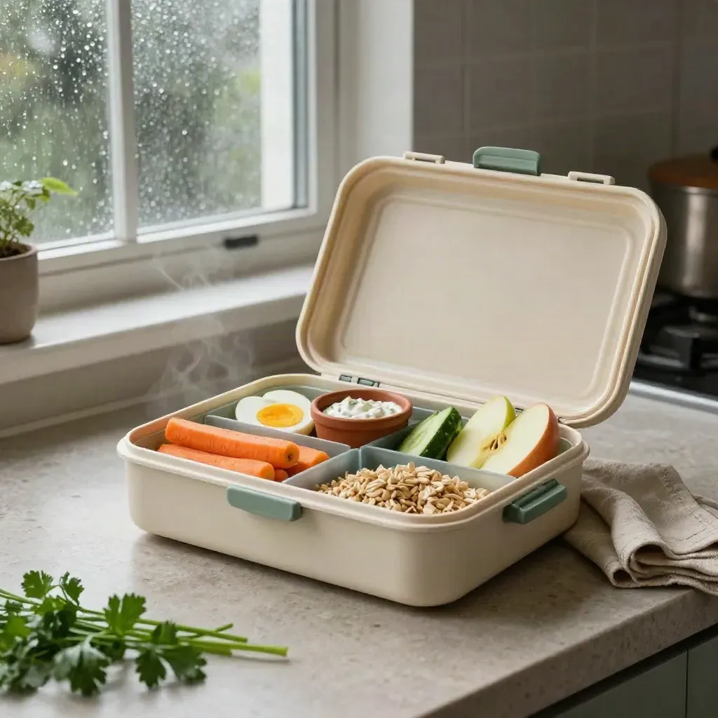 Otwarty lunchbox, miski z kaszą, warzywa, jajka i jabłka na kamiennym blacie w deszczowy poranek.