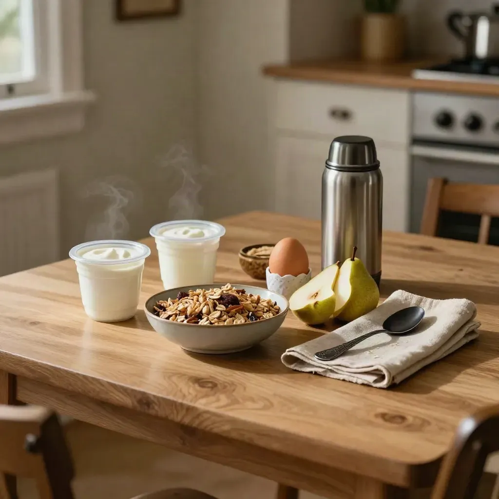 Śniadaniowe pudełka z jogurtem, gruszką, jajkami i termos na jasnym kuchennym stole.