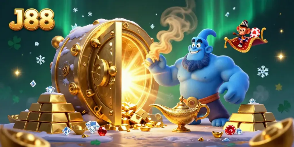 Experience the excitement of J88 with a magical scene showcasing a genie, treasures, and poker chips.
