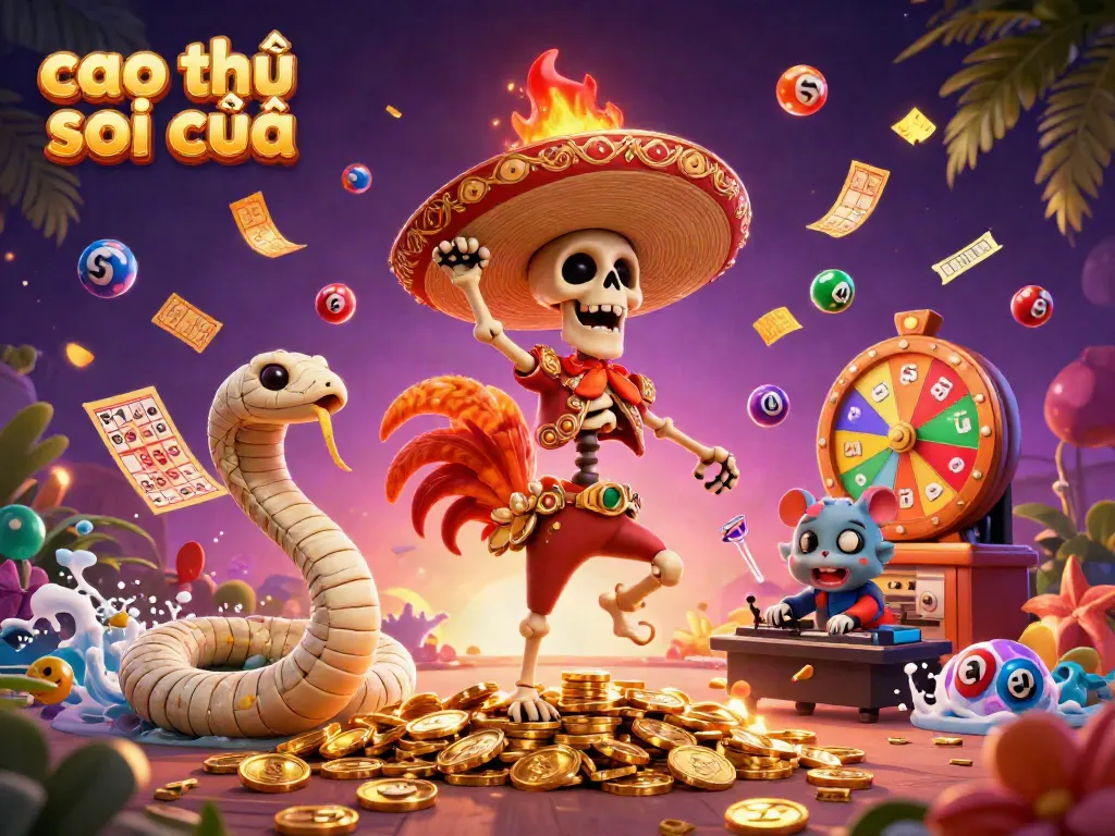 Cao thủ soi cầu celebrates lottery wins with a vibrant 3D illustration of characters amidst colorful lottery elements.