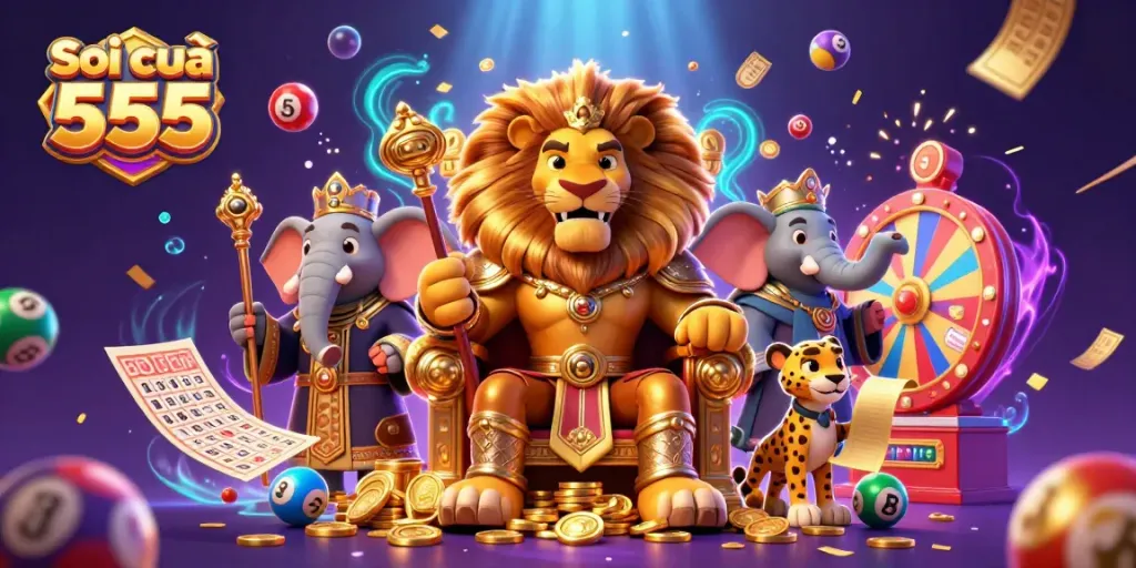 Soi cầu 555 vibrant lottery scene with a fierce lion king, wise elephant, and quick cheetah, surrounded by dynamic games elements