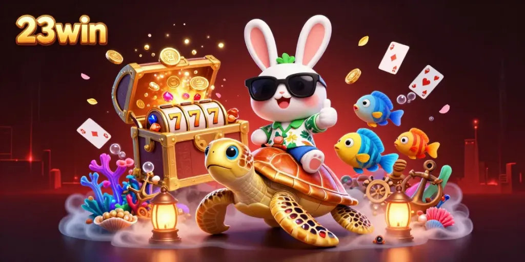 Experience thrilling wins with 23win's enchanting casino adventure featuring a lucky rabbit and treasure.
