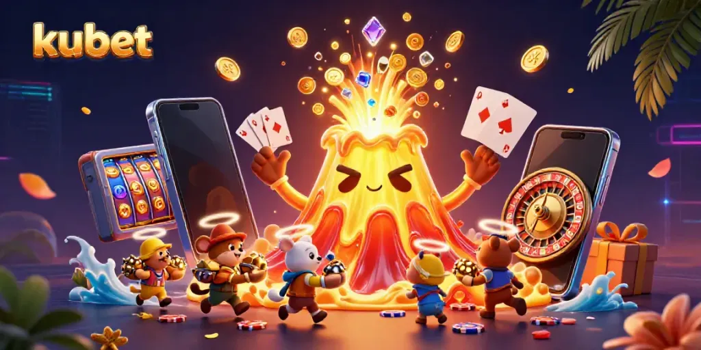 Kubet reveals the excitement of winning with a golden volcano sending treasures flying, showcasing vibrant casino games.