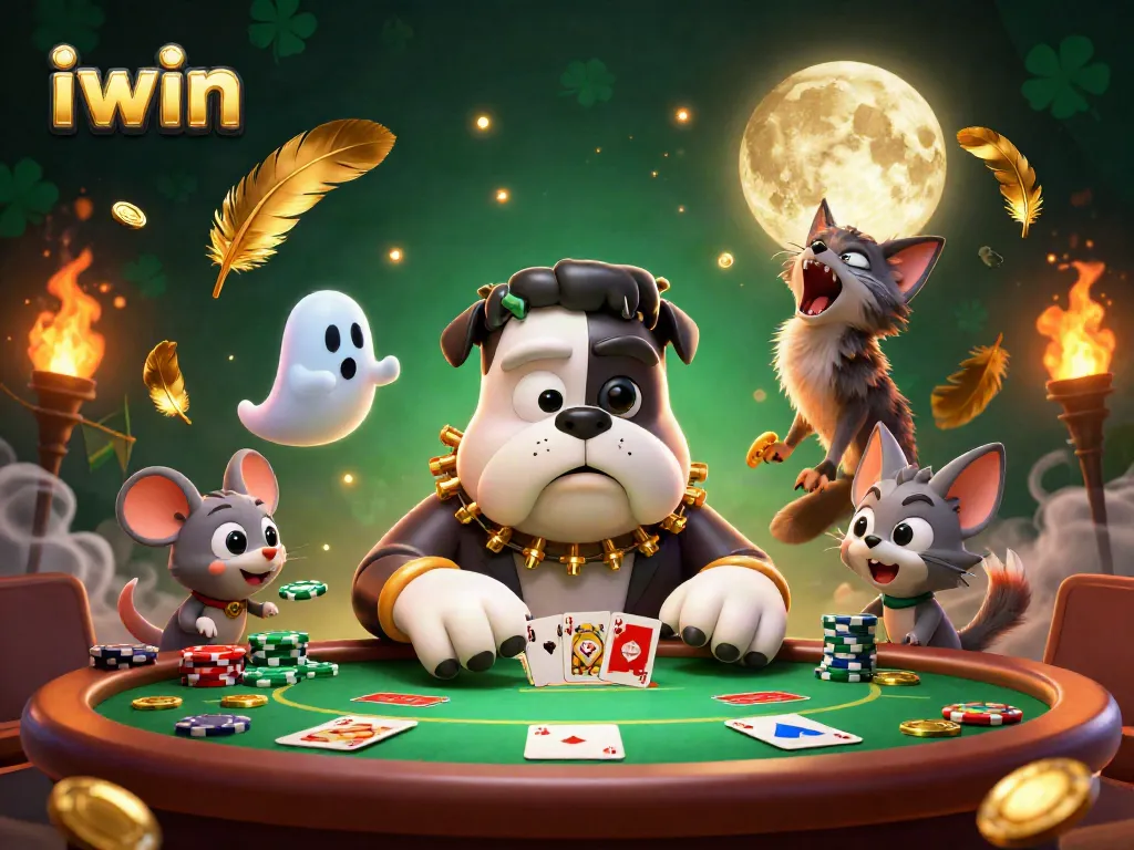 iwin showcases a spooky poker night with a Frankenstein bulldog and ghostly characters in action.