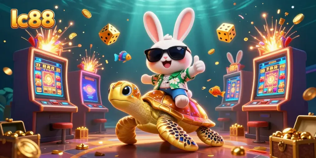 lc88 gaming excitement with a lucky rabbit and golden turtle surrounded by slot machines and treasure