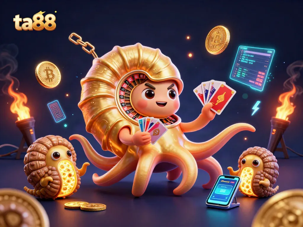 Engage with ta88's dynamic casino experience featuring a golden roulette nautilus and glowing crypto elements.