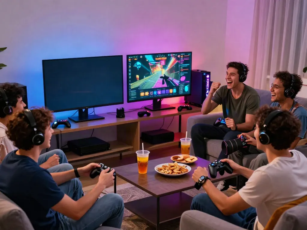 Friends enjoying gaming together on KILAT404, showcasing lively interaction and competition.