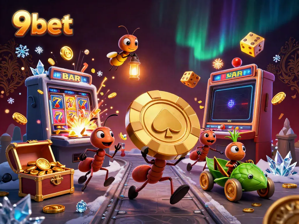 Experience thrilling game action with 9bet as cartoon ants claim a giant poker chip amidst casino chaos.