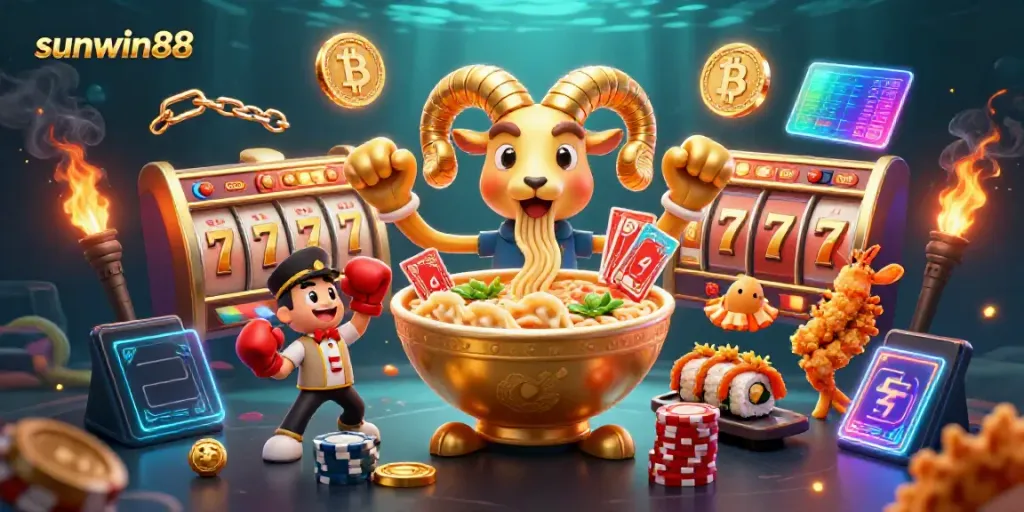 Experience thrilling gameplay with sunwin88 in a vibrant casino-themed 3D scene featuring dynamic characters.